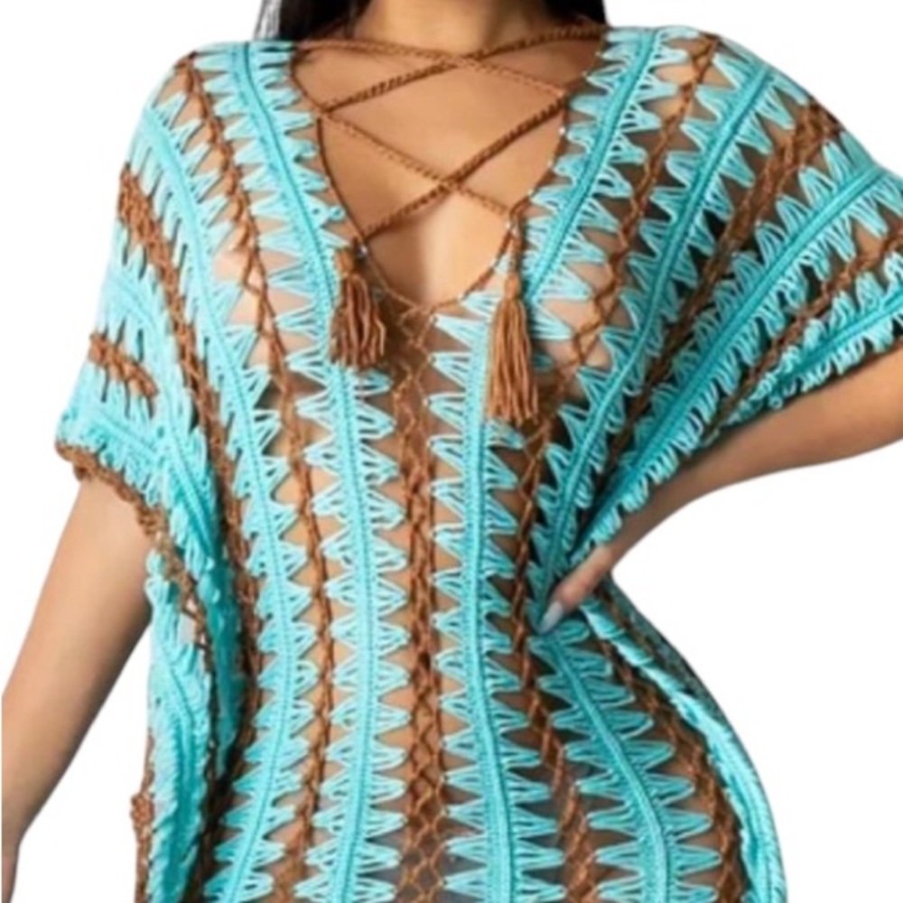 Crochet Tunic,coverup,Turquoise,brown dress,Bohemian,Swim,M/L,New - Picture 4 of 12